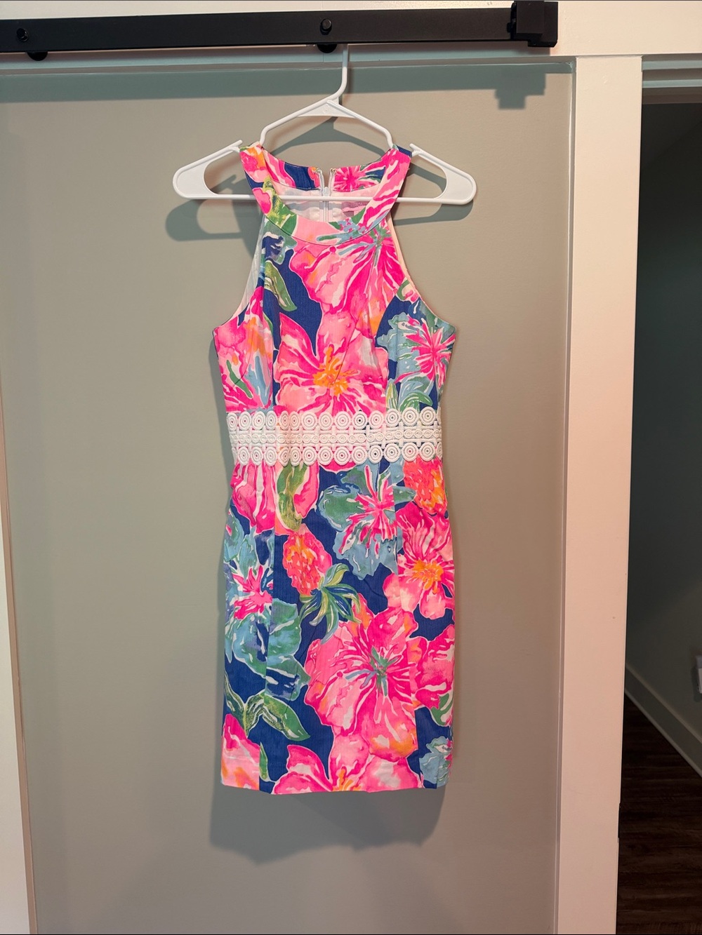 Lilly Pulitzer Pink & Blue Floral Halter Dress with Lace Waistband